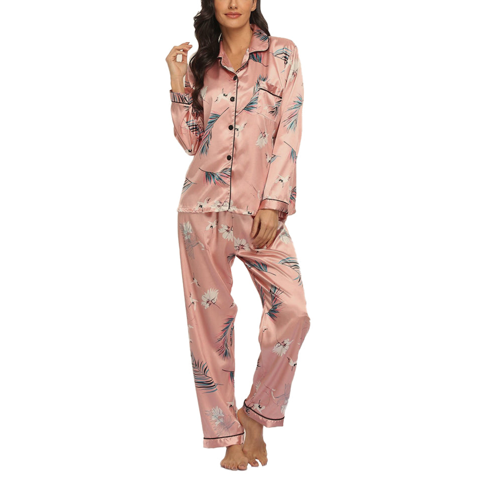 Print Satin Pyjamas Set-Leaves
