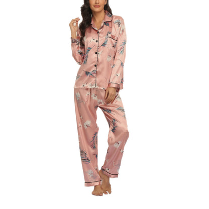 Print Satin Pyjamas Set-Leaves