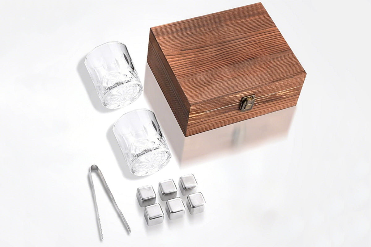 Whiskey Glass Set for Men Stainless Steel Tumblers with Whiskey Stones and Wooden Box