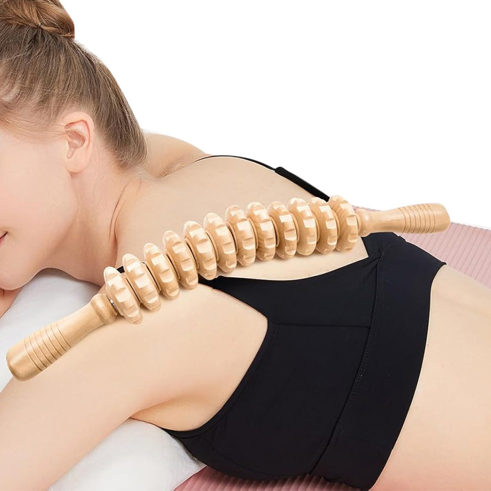 Wooden Curved 12 Roller Massage Stick Handheld Massage Tool For Legs And Thighs