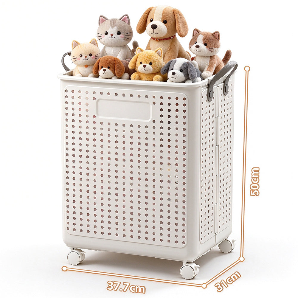 Folding Laundry Basket with Wheel Large Capacity Collapsible Clothes Storage Bin-White