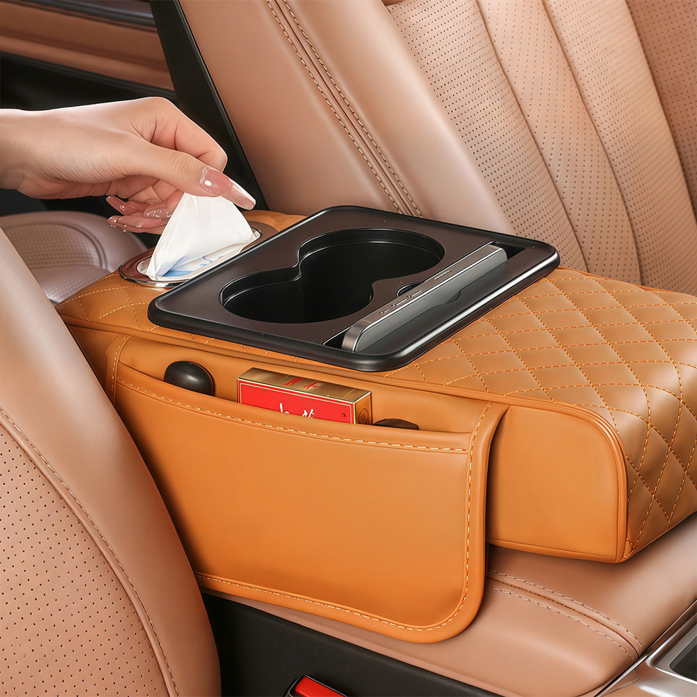Car Armrest Cushion Organizer with Cup Holder Multi Functional Center Console Booster Pad