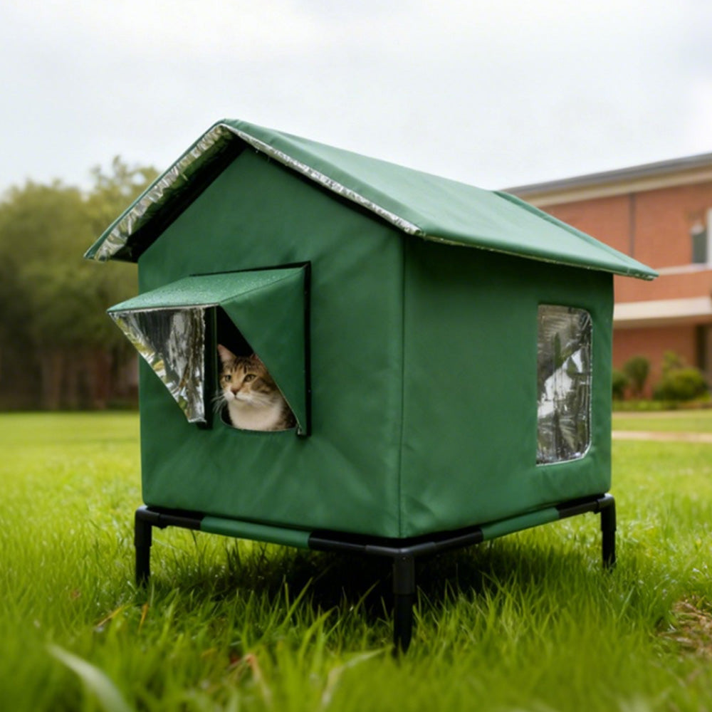 Cat House Indoor Outdoor Insulated Shelter for Small to Medium Cats-Green