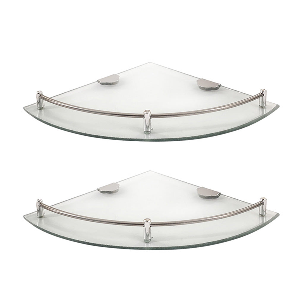 2XGlass Corner Bathroom Shelf with Stainless Steel Guard Rail
