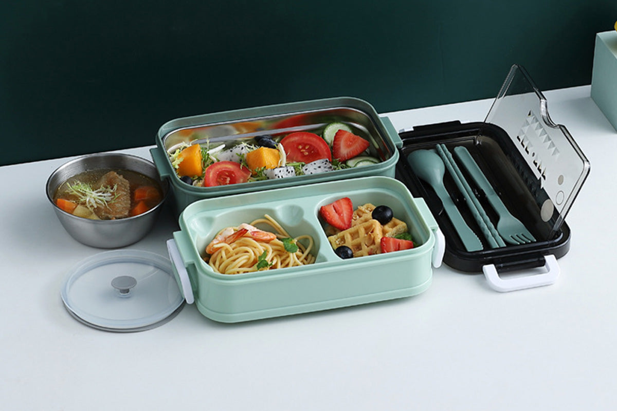 Bento Box Stackable 3-Compartment Lunch Containers With Dinnerware And Seal Cover