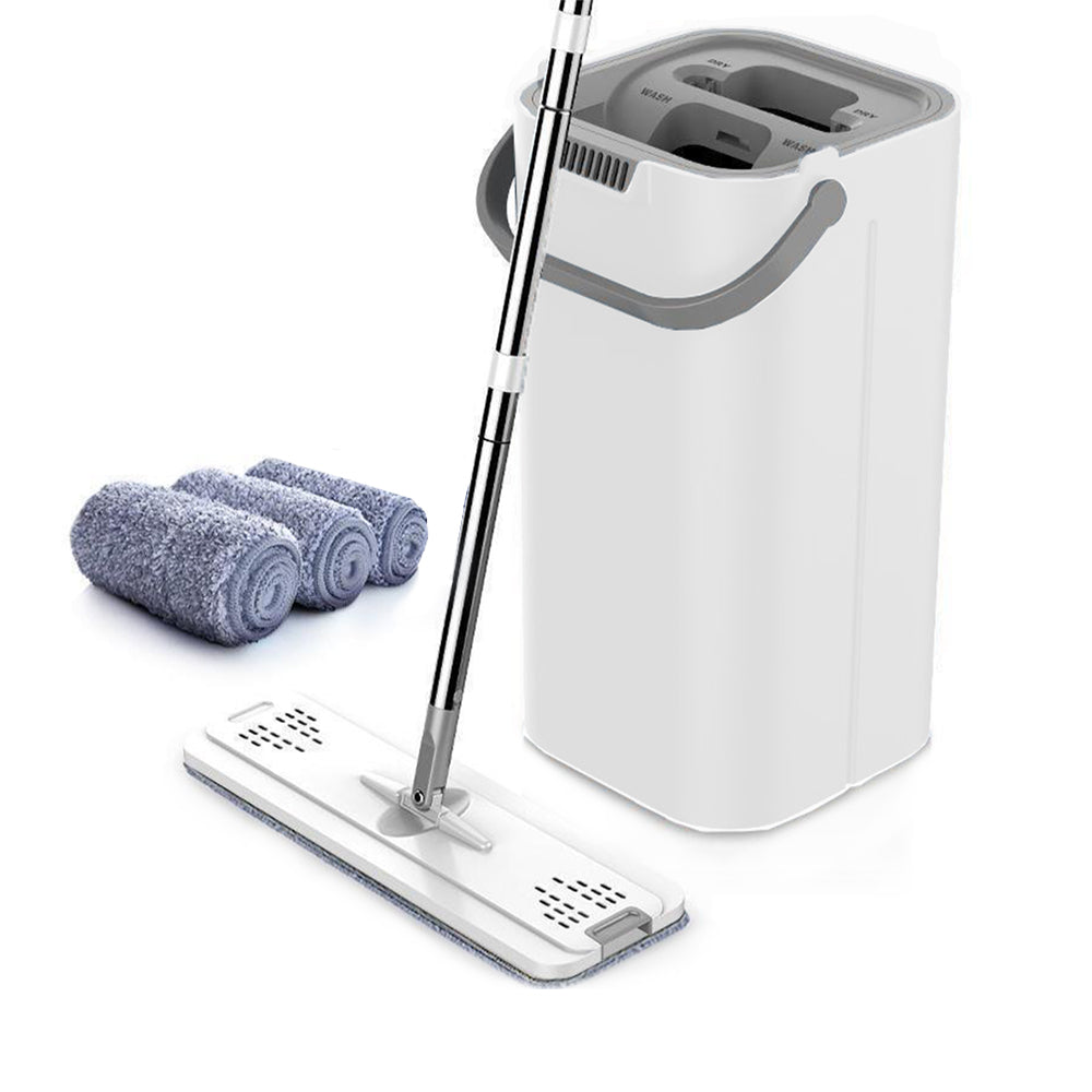 Flat Floor Mop and Bucket Set with 4 Washable Microfiber Pads