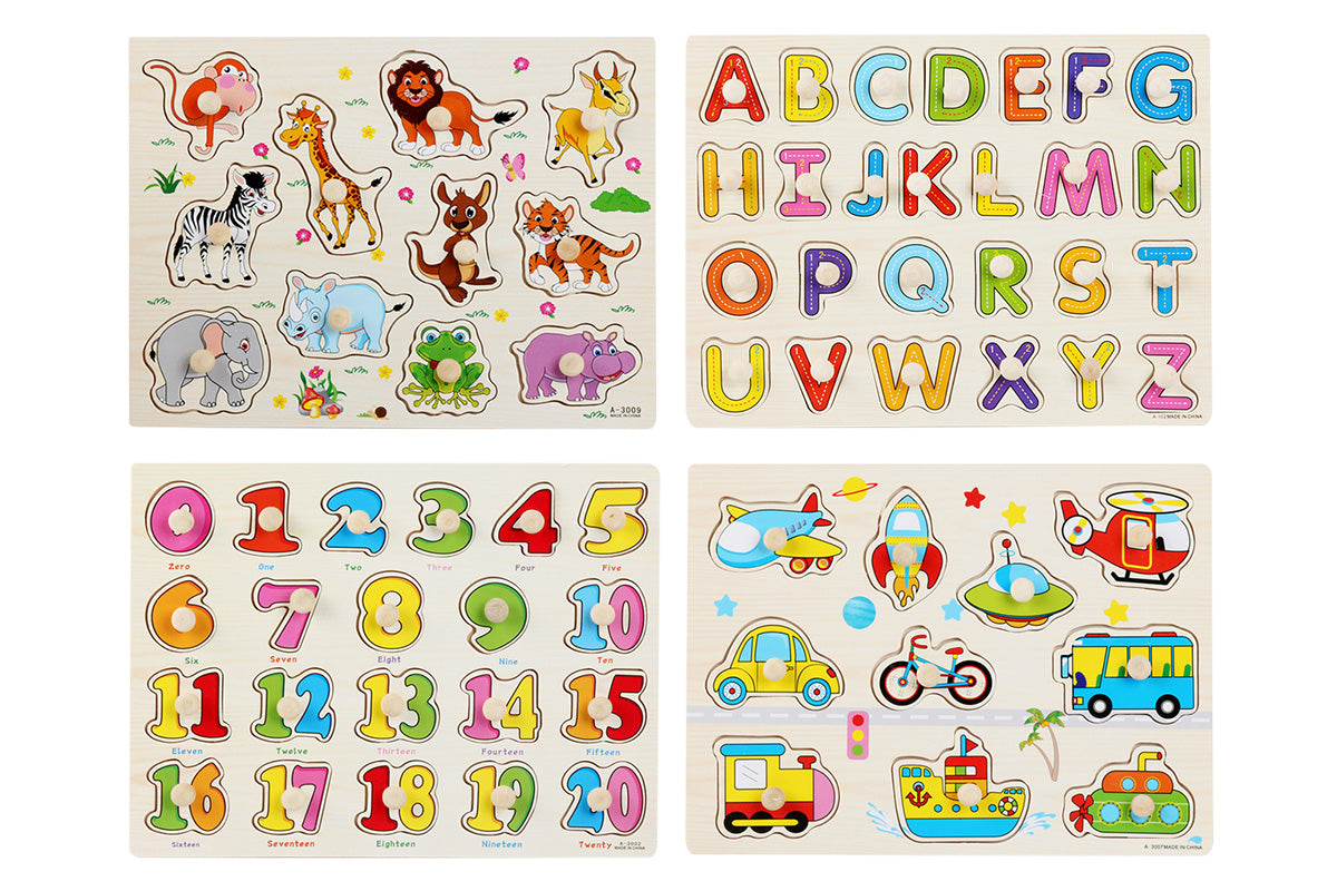 4 Sets Wooden Peg Puzzle for Girls Boys with Alphabet Number Animal Dinosaur Vehicle