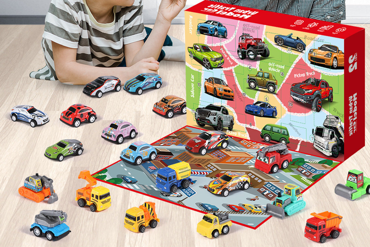 22PCS Christmas Advent Calendar Pull Back Car Toy Blind Box Set with Map for Birthday Gift