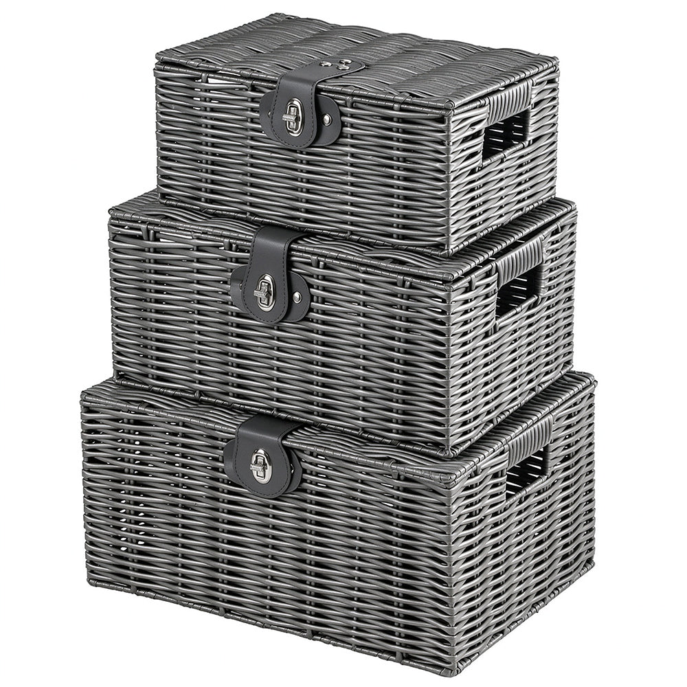 3 Piece Imitation Rattan Woven Storage Basket Set with Locking Lids-Grey