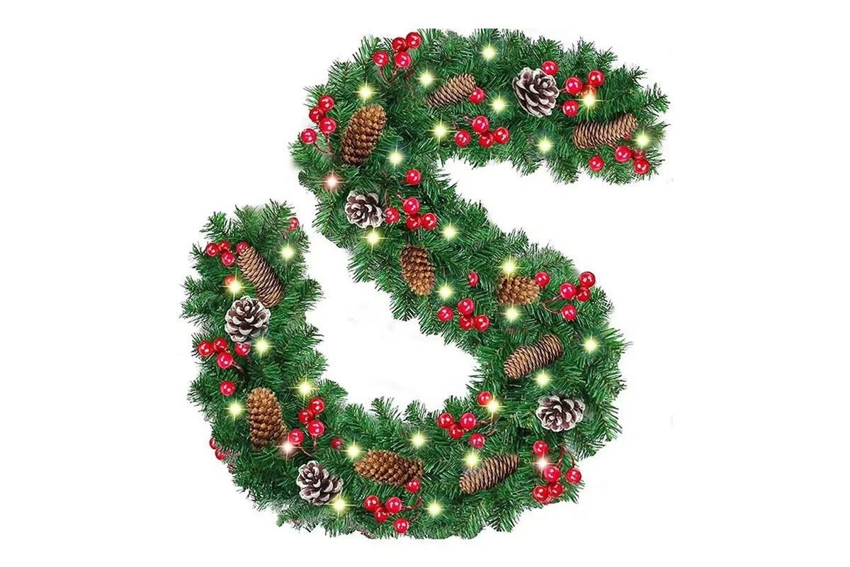 270cm Christmas Garland with Warm White LED Lights for Home Outdoor Fireplace Mantle Porch