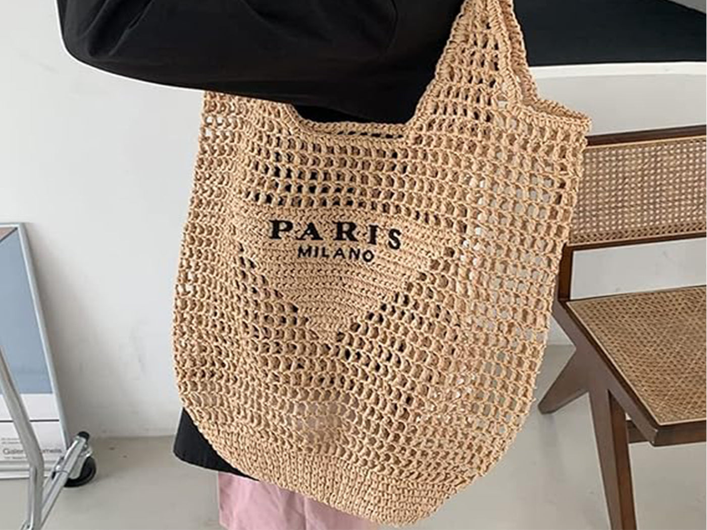 Women's Paper Woven Mesh Hollow Tote Shoulder Bag