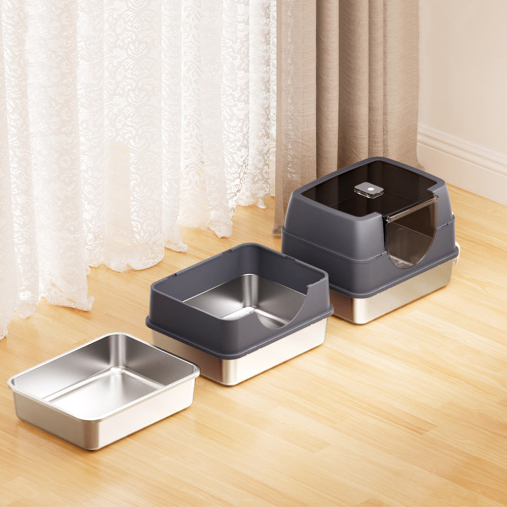 Fully Enclosed Flip Top Stainless Steel Cat Litter Box Large Space and Odor Control