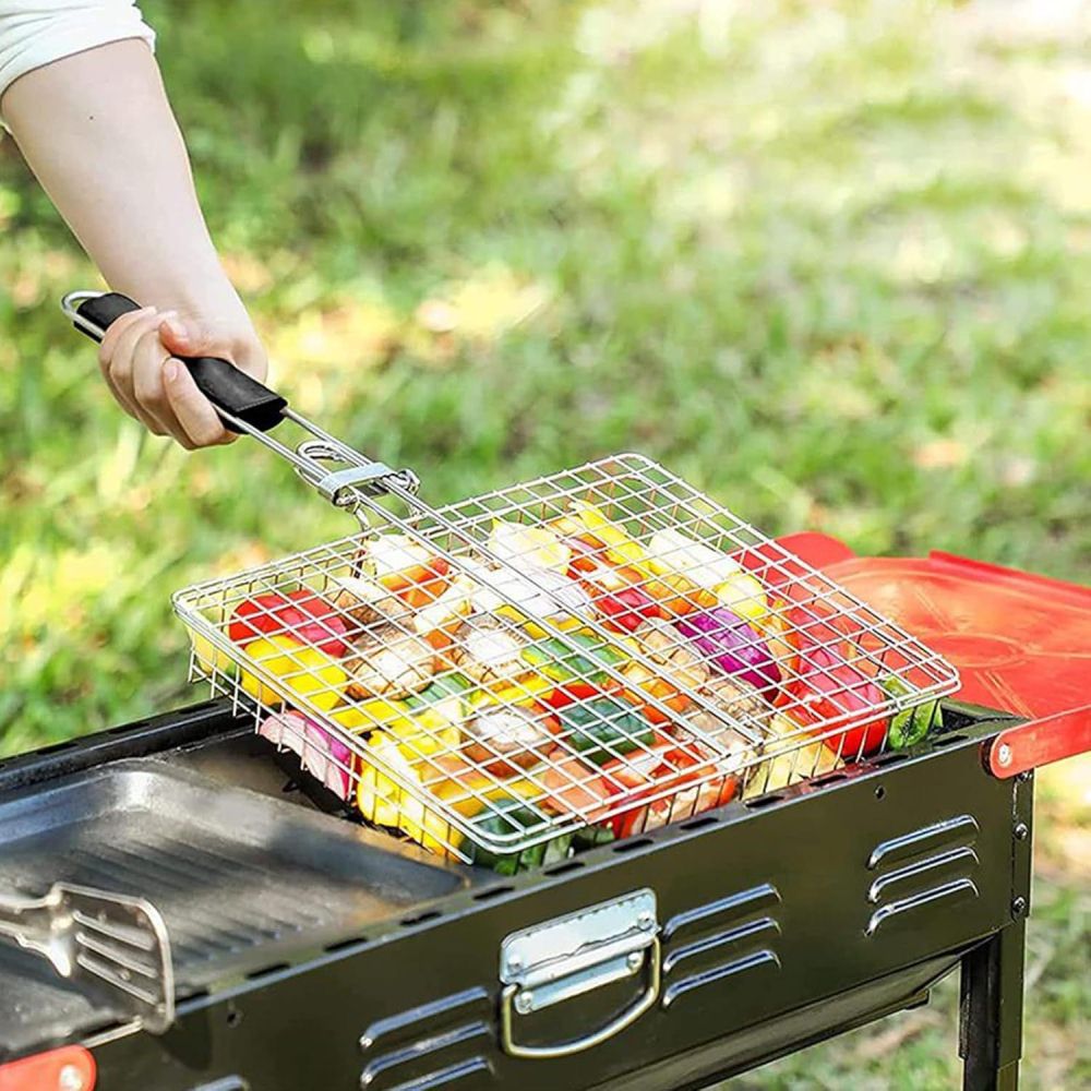 Portable Square BBQ Grill Basket with Wooden Folding Handle