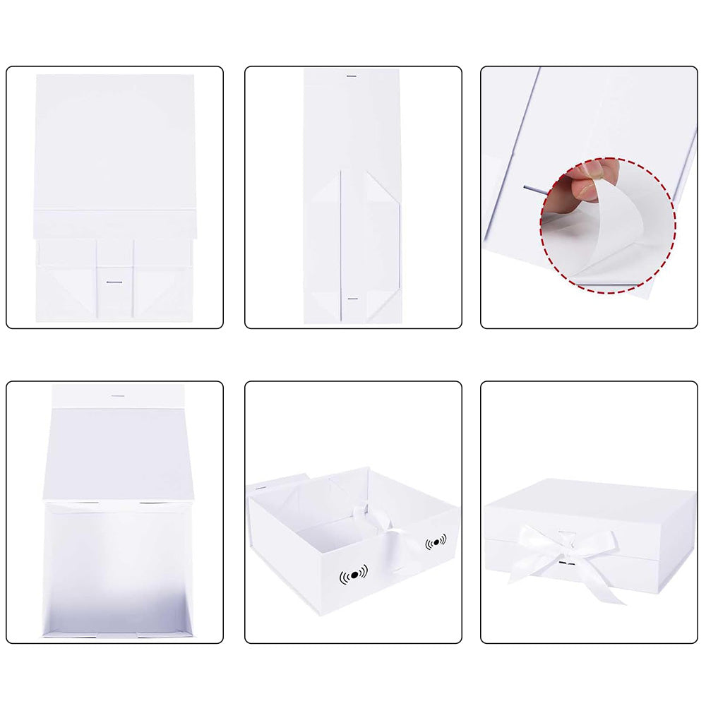 Luxury Foldable Gift Box with Easy Attached Lid and Ribbon-White