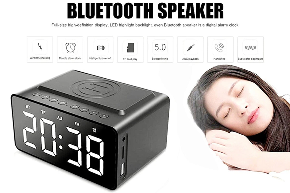 Wireless Charging Bluetooth Speaker with LED Digital Alarm Clock and FM Radio