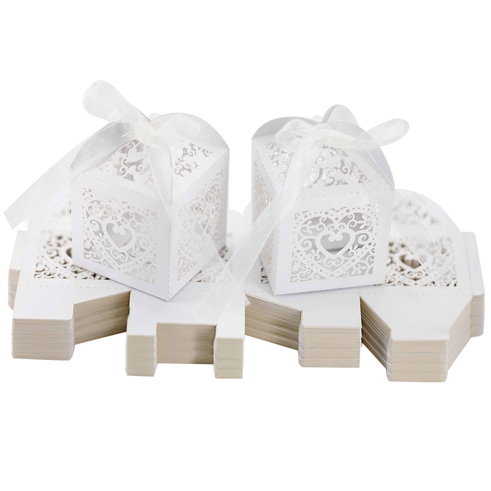 2X 50 Pack Laser Cut Pearl Paper Candy Favor Boxes with Ribbons