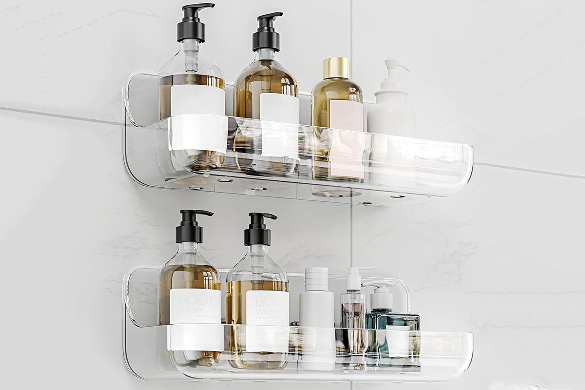 2Pcs Acrylic Adhesive Shower Caddy No Drill Wall Mount Organizer Storage Shelf