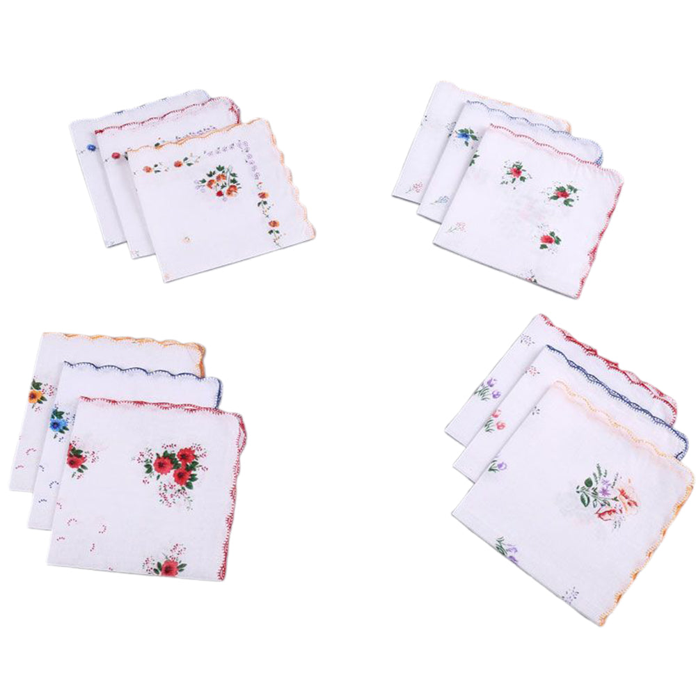 12Pcs Womens Cotton Pocket Handkerchiefs with Floral Patterns