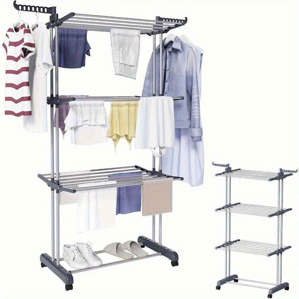 4 Tier Foldable Clothes Drying Rack with Wheels and Storage Hooks
