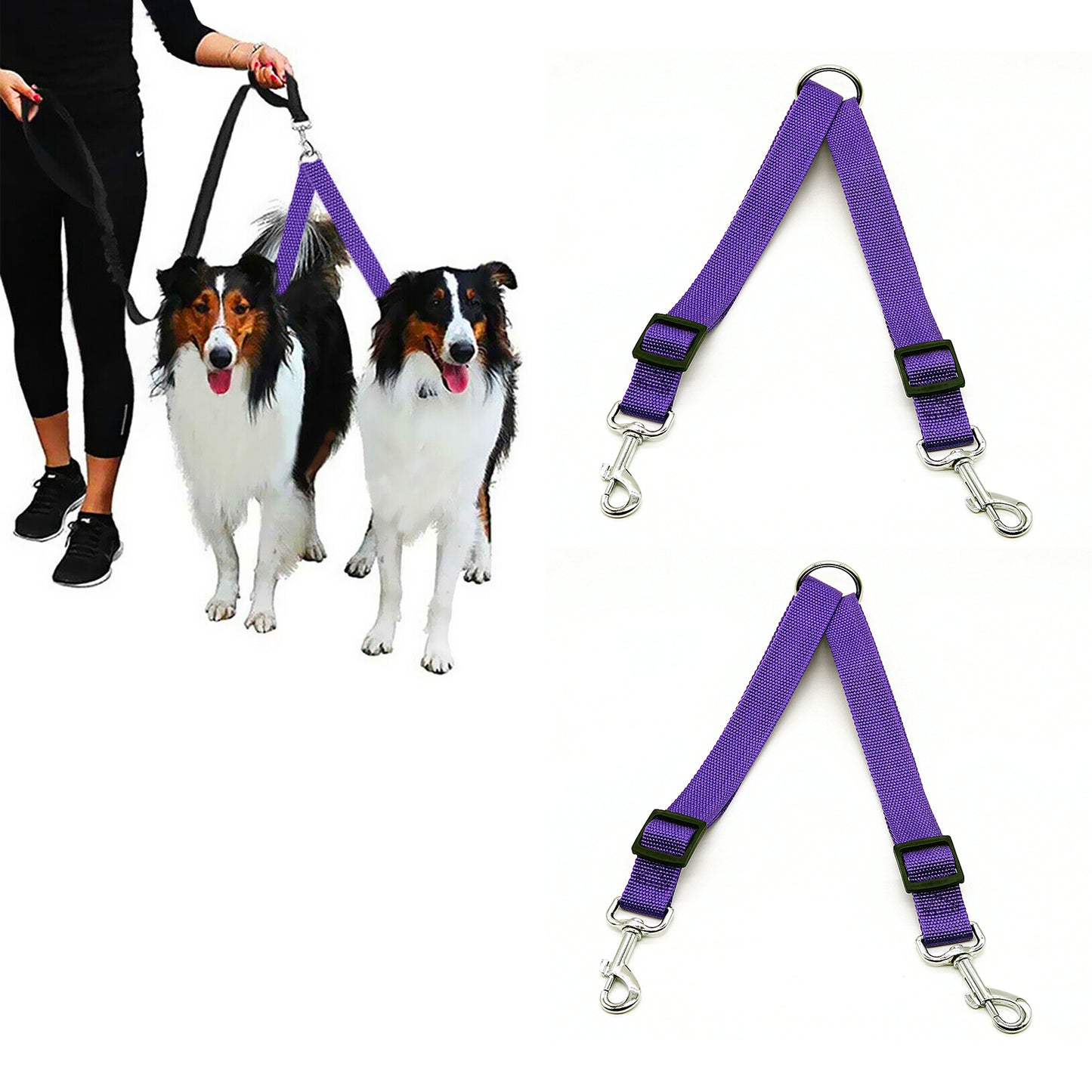 2Pcs Dual Dog Leash with One Lead Coupler Nylon Harness