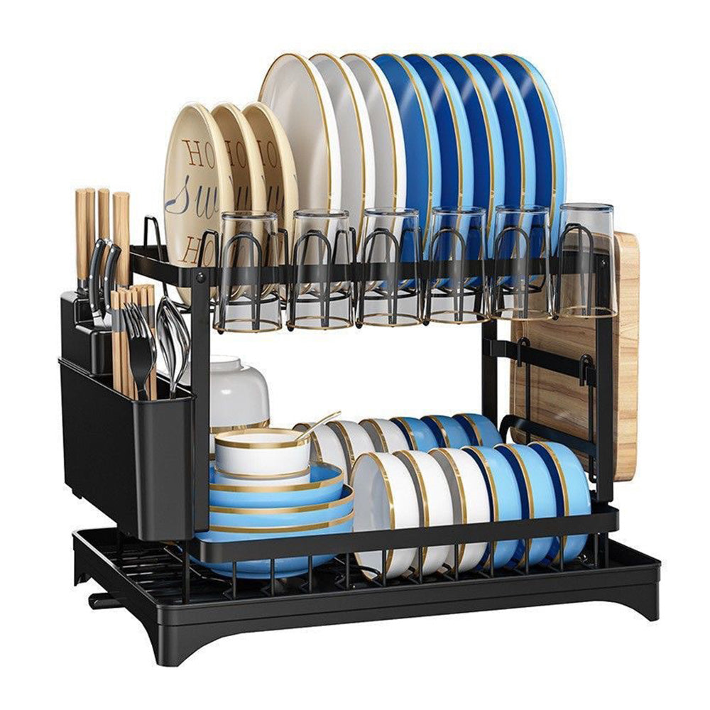 Two-Tier Carbon Steel Dish Drying Rack with Divided Storage