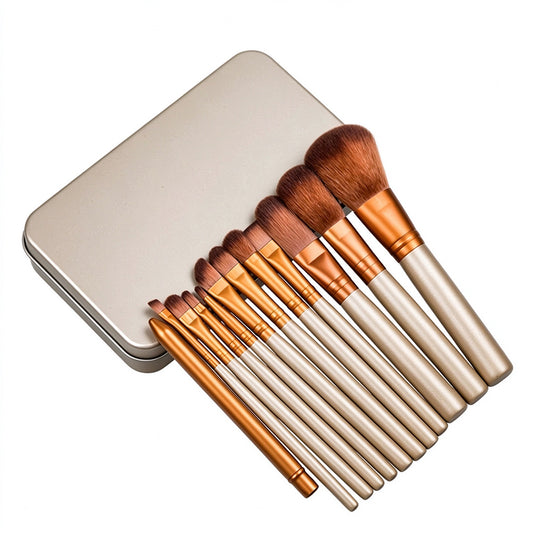 12 Piece Makeup Brush Set with Gold Iron Storage Case