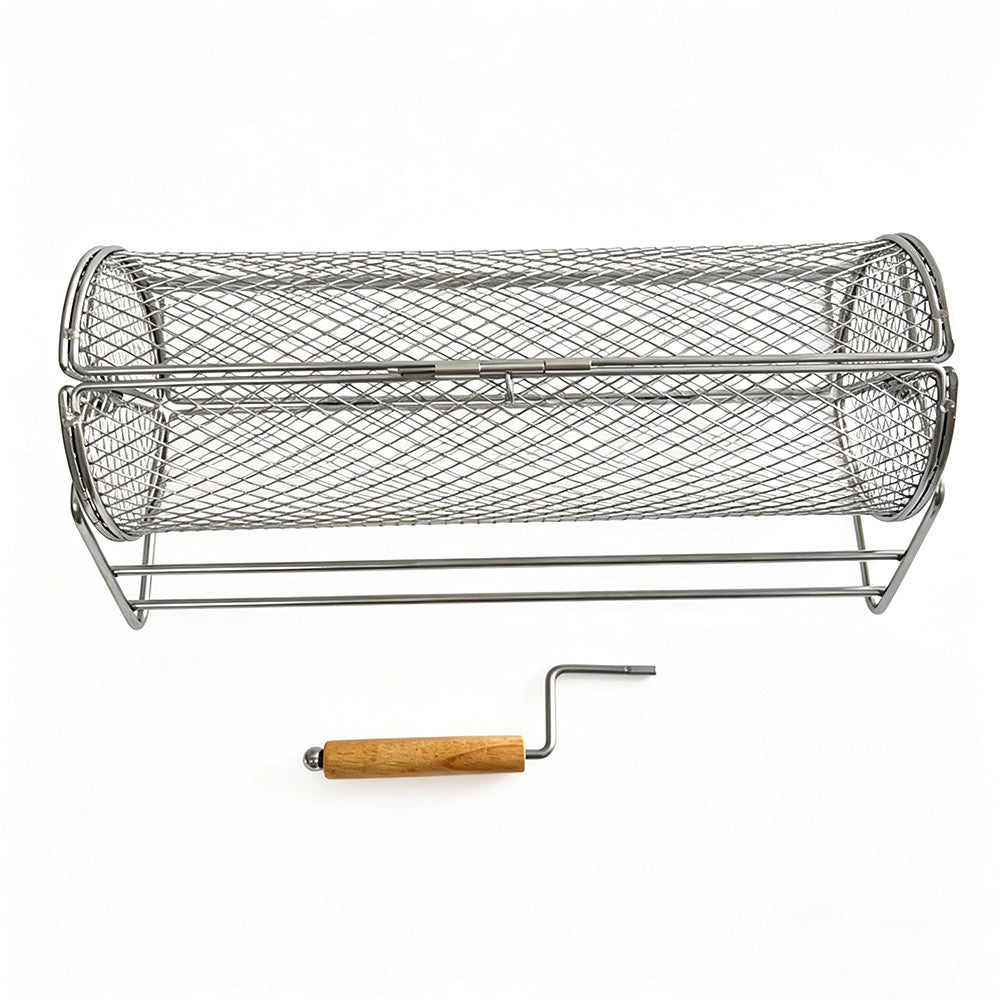 Rotating Stainless Steel BBQ Grill Basket with Stand and Handle for Camping Garden