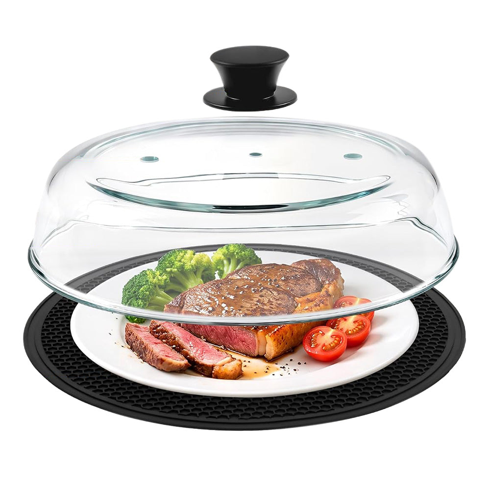 Microwave Glass Splatter Cover with Silicone Trivet Dual Vents and Handle
