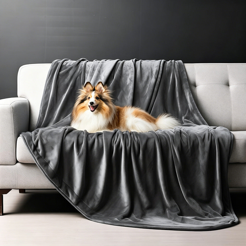 Water-Resistant Reversible Flannel Blanket Machine-Washable for Bed Sofa Camping-Grey