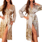 Casual Floral Print Satin Night Robe Long Sleeve V Neck Sleep Robe With Belt