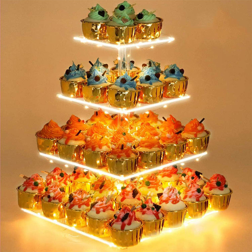 4 Tier Cupcake Stand Acrylic Tower Display with LED Light Holder for Party Decor