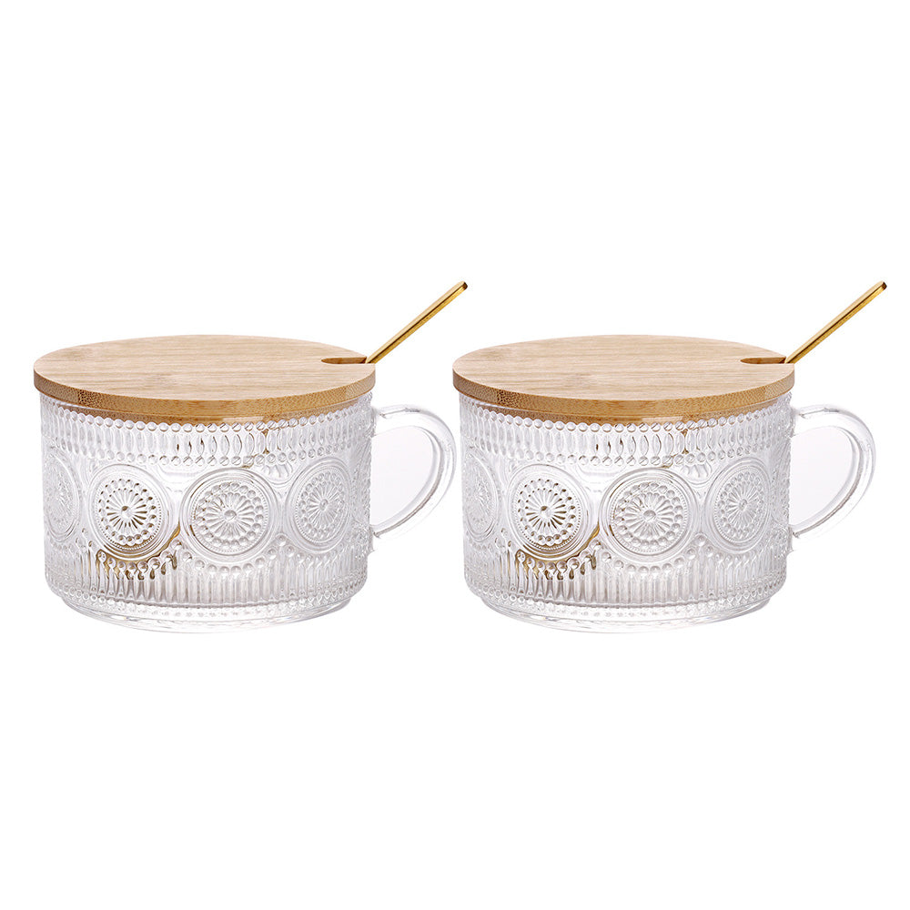 2PCS Vintage Embossed Coffee Mugs With Lid And Spoon For Tea Milk