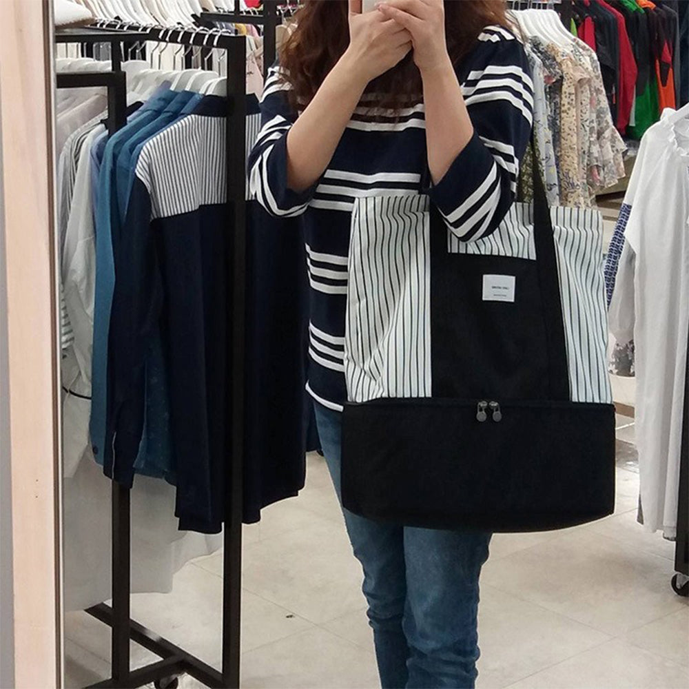 Black White Striped Double Layer Insulated Lunch Bag for Outdoor
