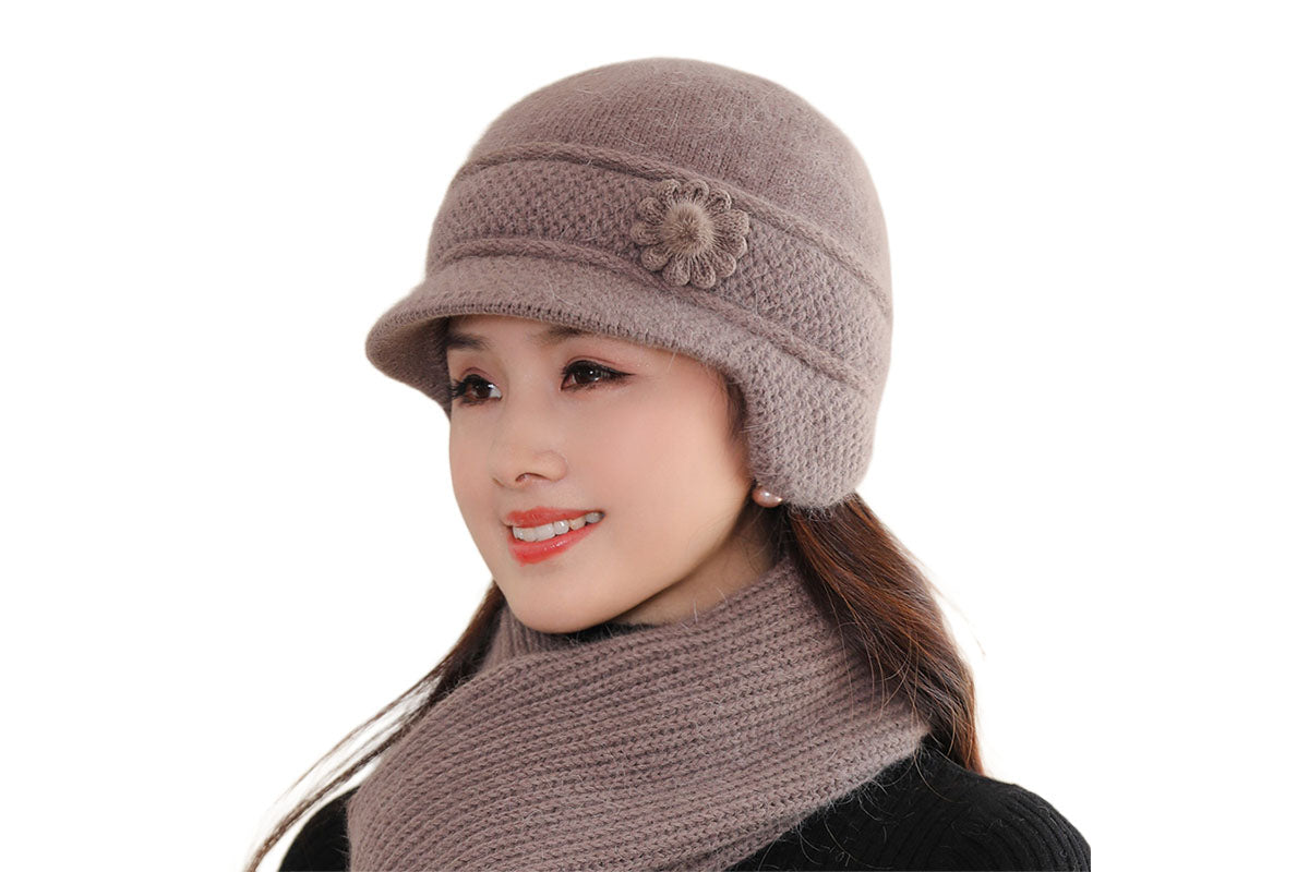 Winter Warm Earflap Hat Scarf Set for Elderly & Middle-Aged Ladies Women
