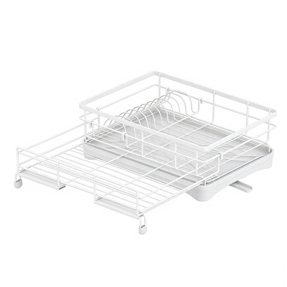 Expandable Carbon Steel Dish Drying Rack with Rotating Drain Spout-White