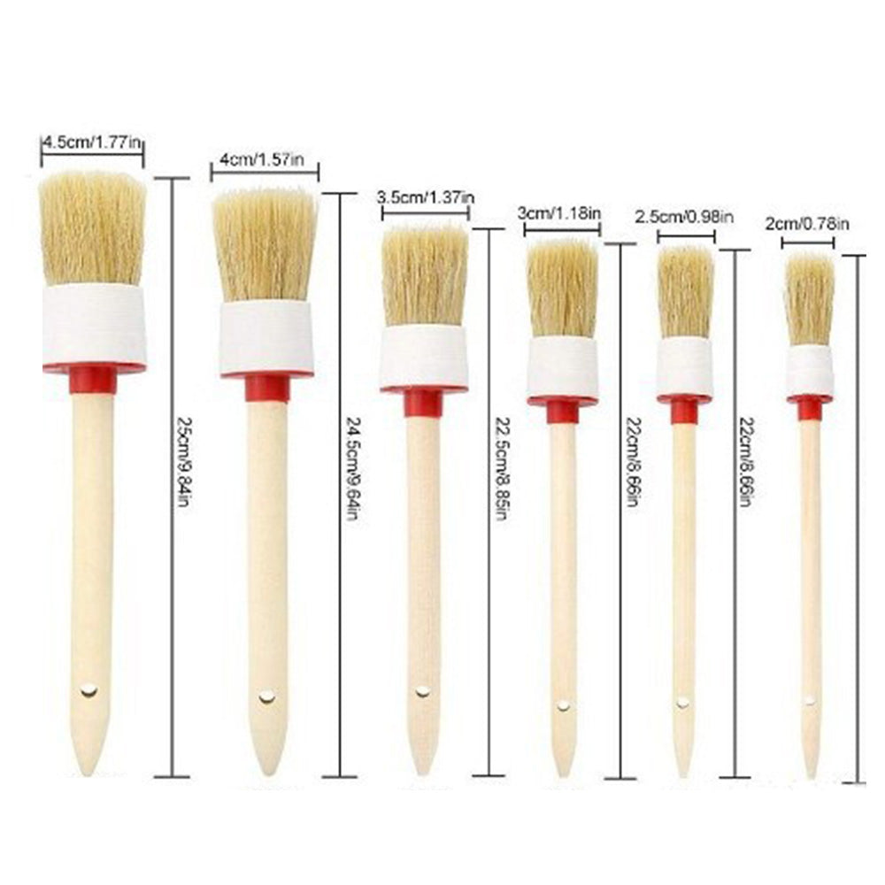 Car Detailing Brush Set 6Pcs Boar Hair Brush Kit Wood Handle Wheels Leather Air Vents