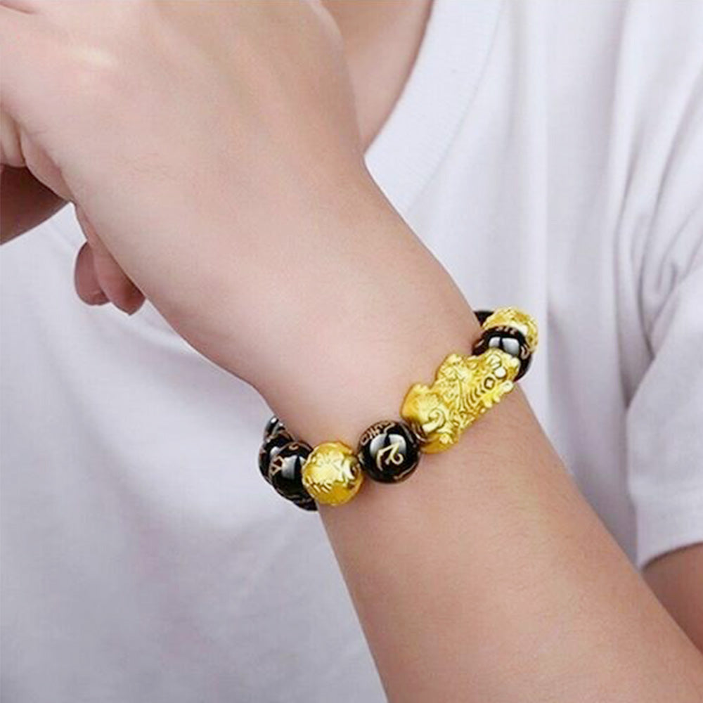 Feng Shui 12mm Black Mantra Beads Pi Xiu Bracelets for Women Men Attract Wealth and Good Luck