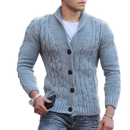 Men's Cable Knit Cardigan Button Down Warm Knit Jacket-Grey