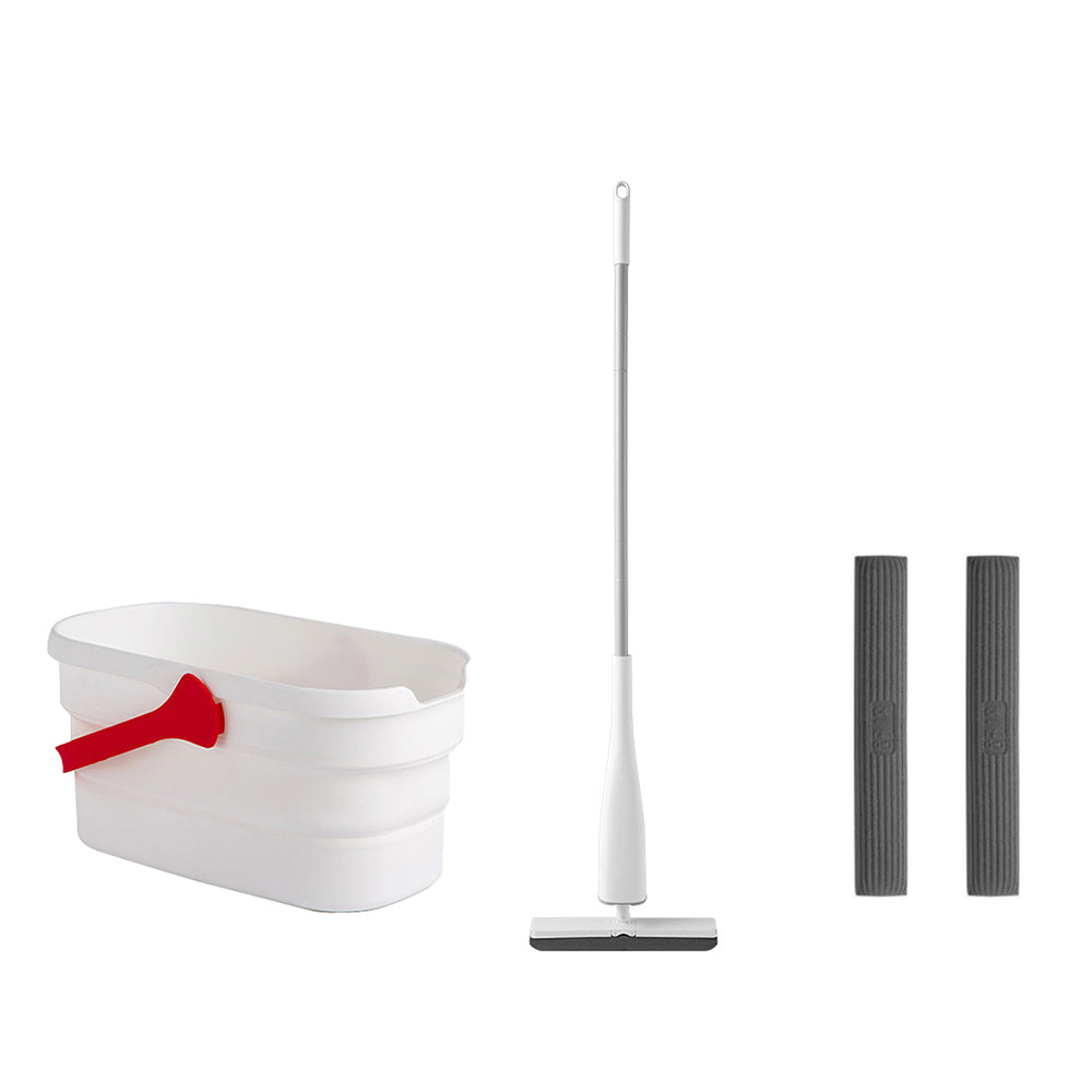 Self-Wringing Mop with 2 Replaceable Sponge Mop Heads and 1 Collapsible Bucket