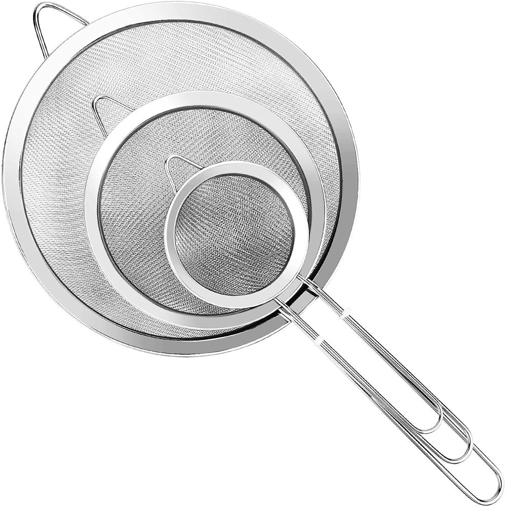 3 Pcs 304 Stainless Steel Fine Mesh Strainer Set with Long Handles