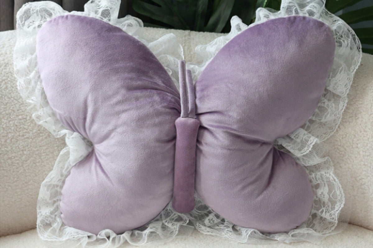 Butterfly Shape Throw Pillow with Lace Ruffle Trim Decorative Cushion Home Decor Cushion Butterfly Velvet Throw Pillow