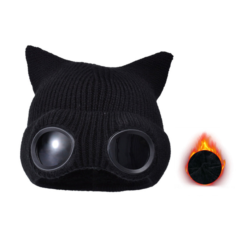 Double Layer Knit Winter Beanie with Goggles Cute Cat Ear Knit Beanie for Winter