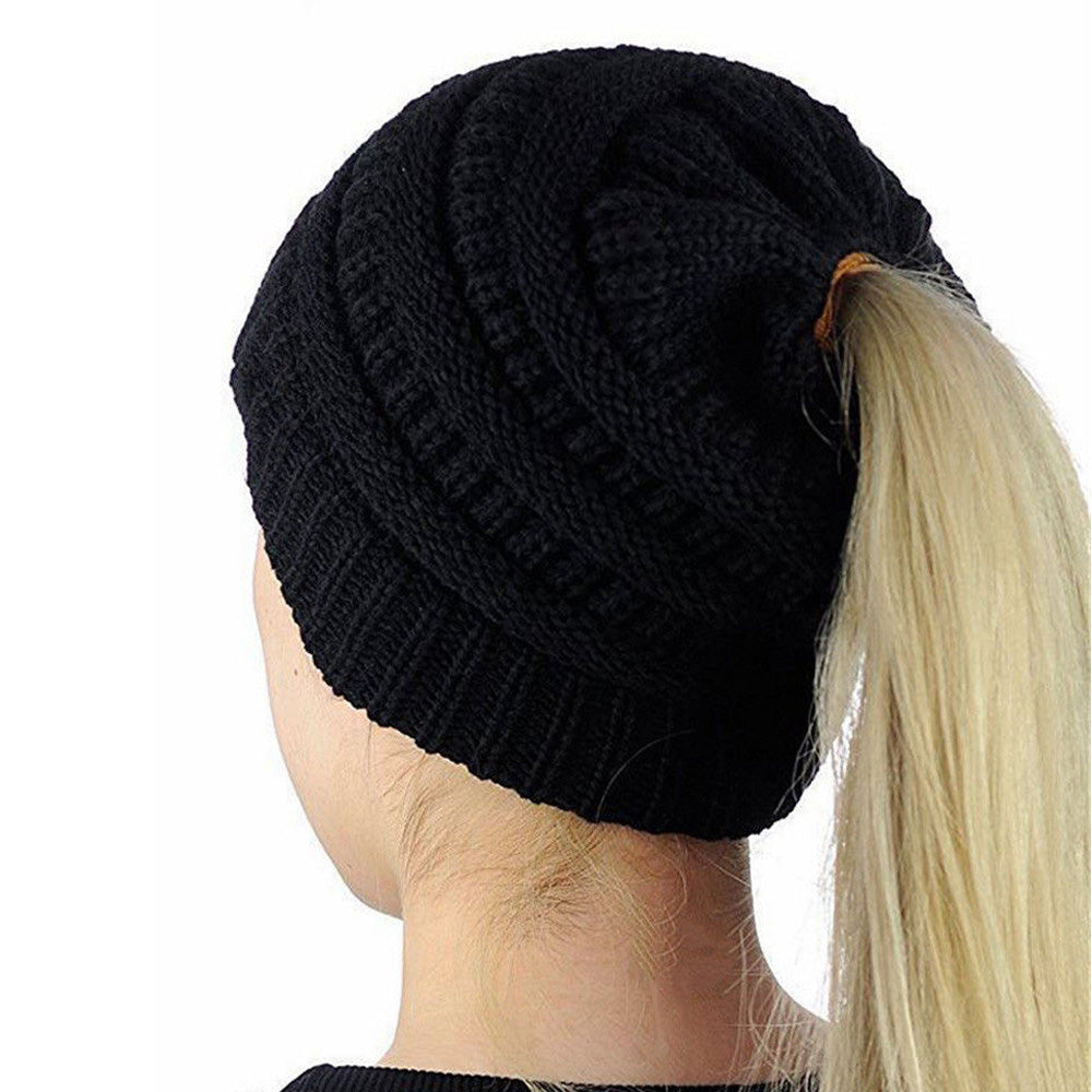 Women Girls Winter Cable Knit Ponytail Beanie High Bun Crochet Hat