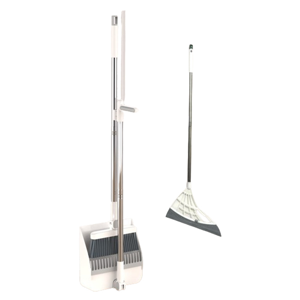 3Pcs Set of Plastic Broom with Foldable Standing Dustpan and Scraper Broom