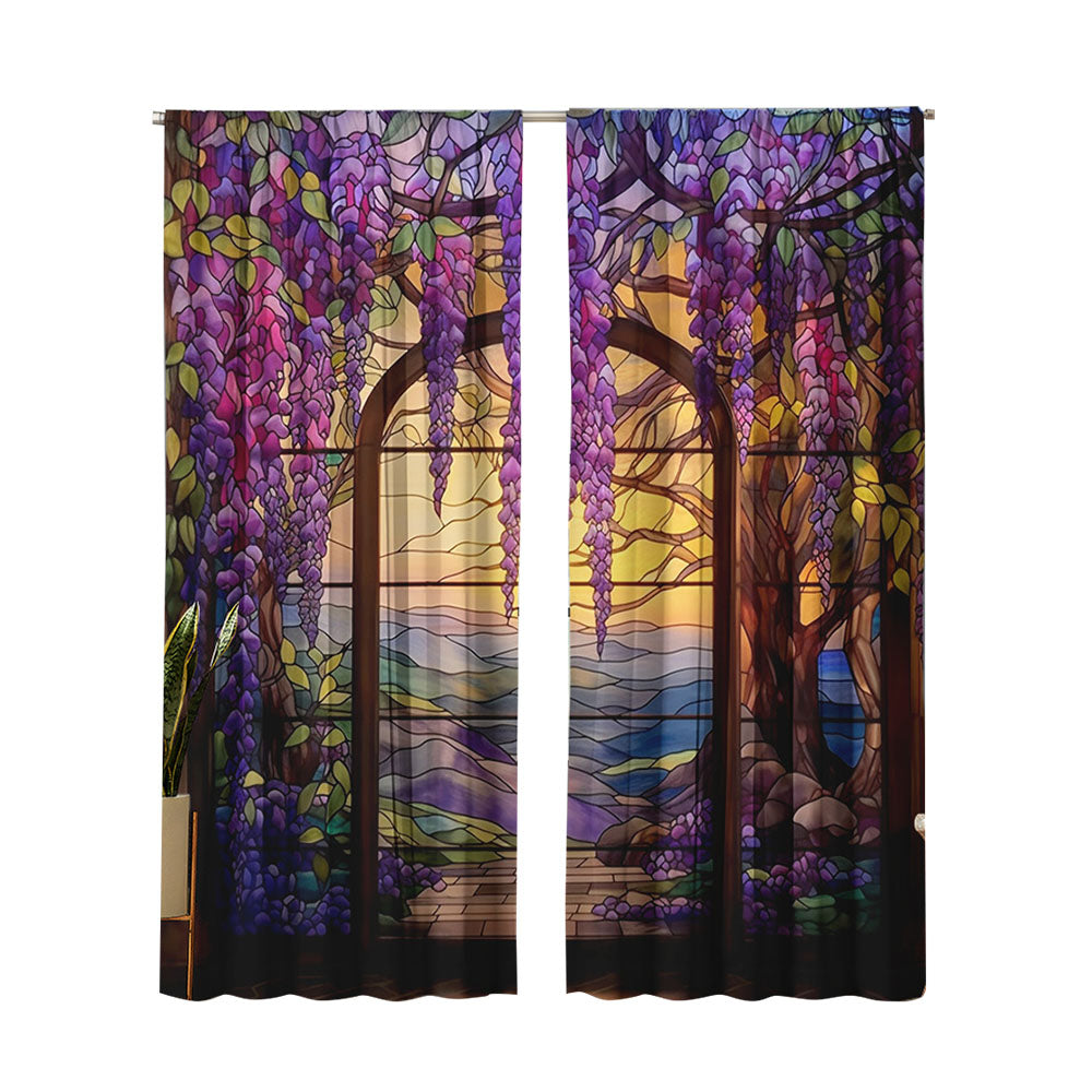 2Pcs Stained Glass Flower Wisteria Printed Curtain for Home Decor