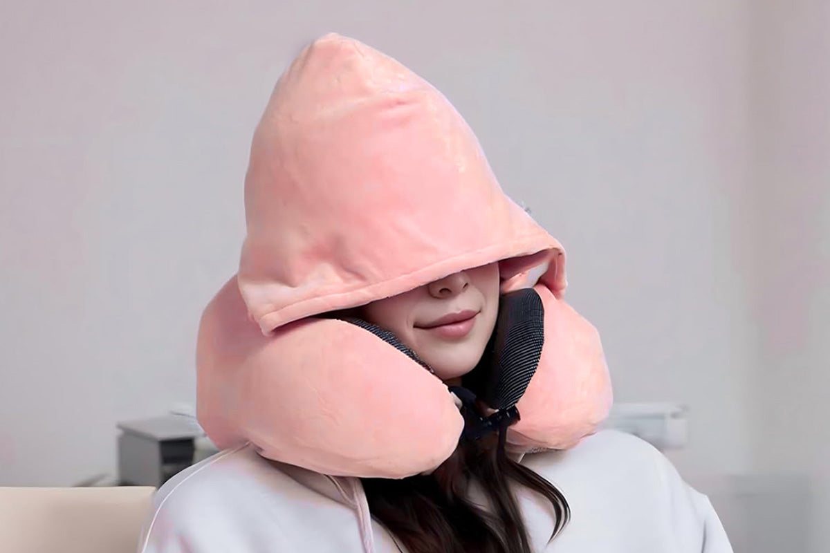 Hooded Travel Pillow with 3D Eye Masks Memory Foam Neck Pillow for Airplane Sleeping