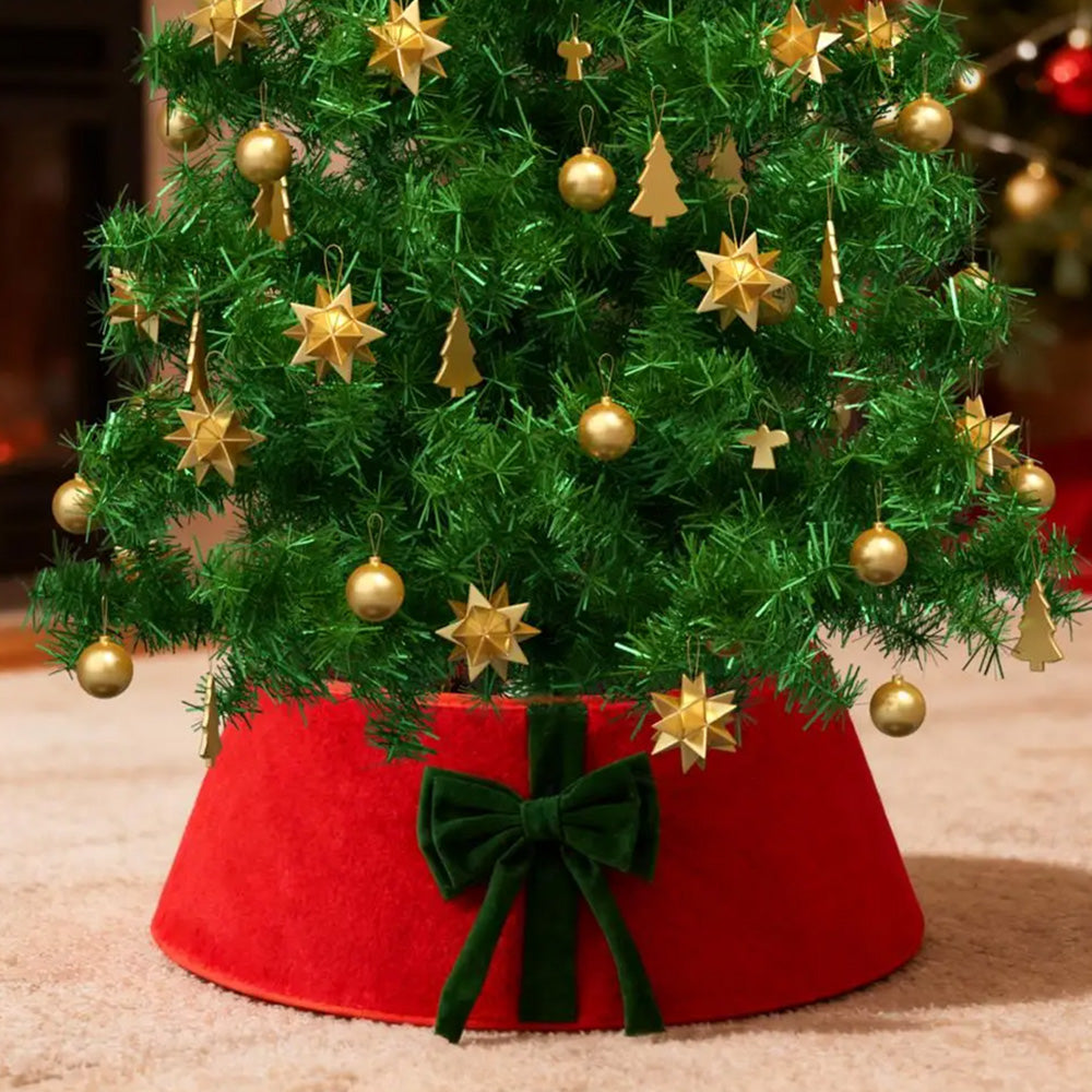 Christmas Tree Collar with Bow Holiday Tree Decor for Tree Stand and Wire Cover-Red
