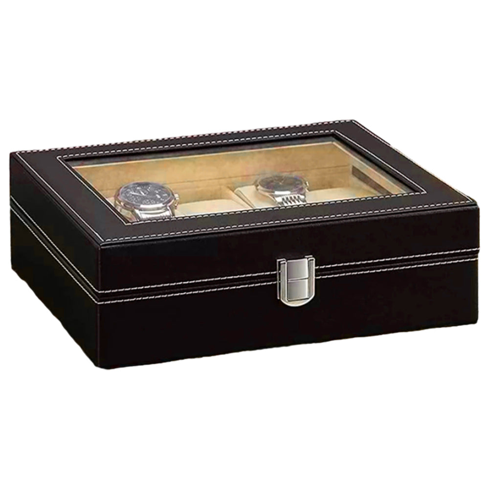 6/10/12 Grids PU Leather Watch Box Organizer Display Case with Lock