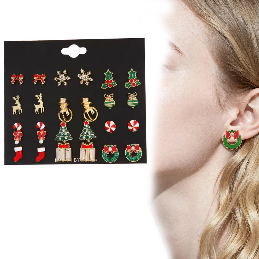 12 Pairs Christmas Earrings Set Festive Stud Earrings