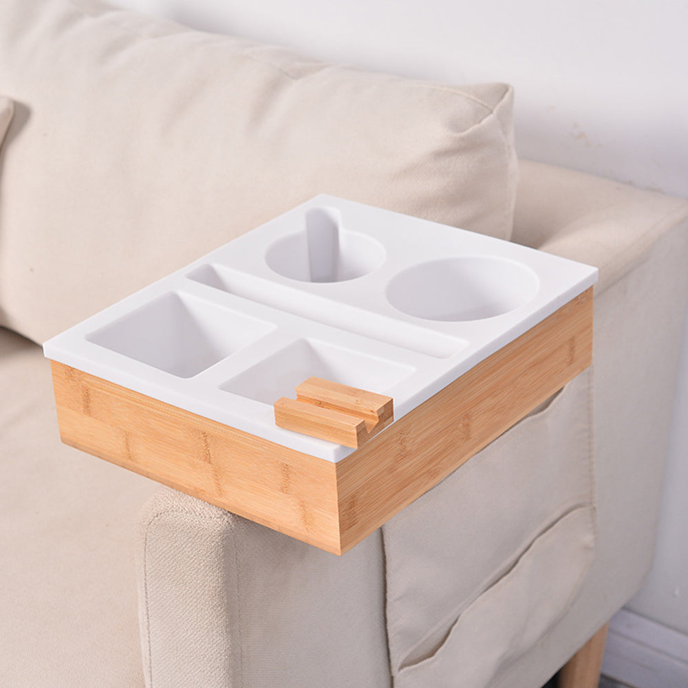Handy Silicone Bamboo Couch Cup Snack Storage Tray with Rotatable Phone Holder